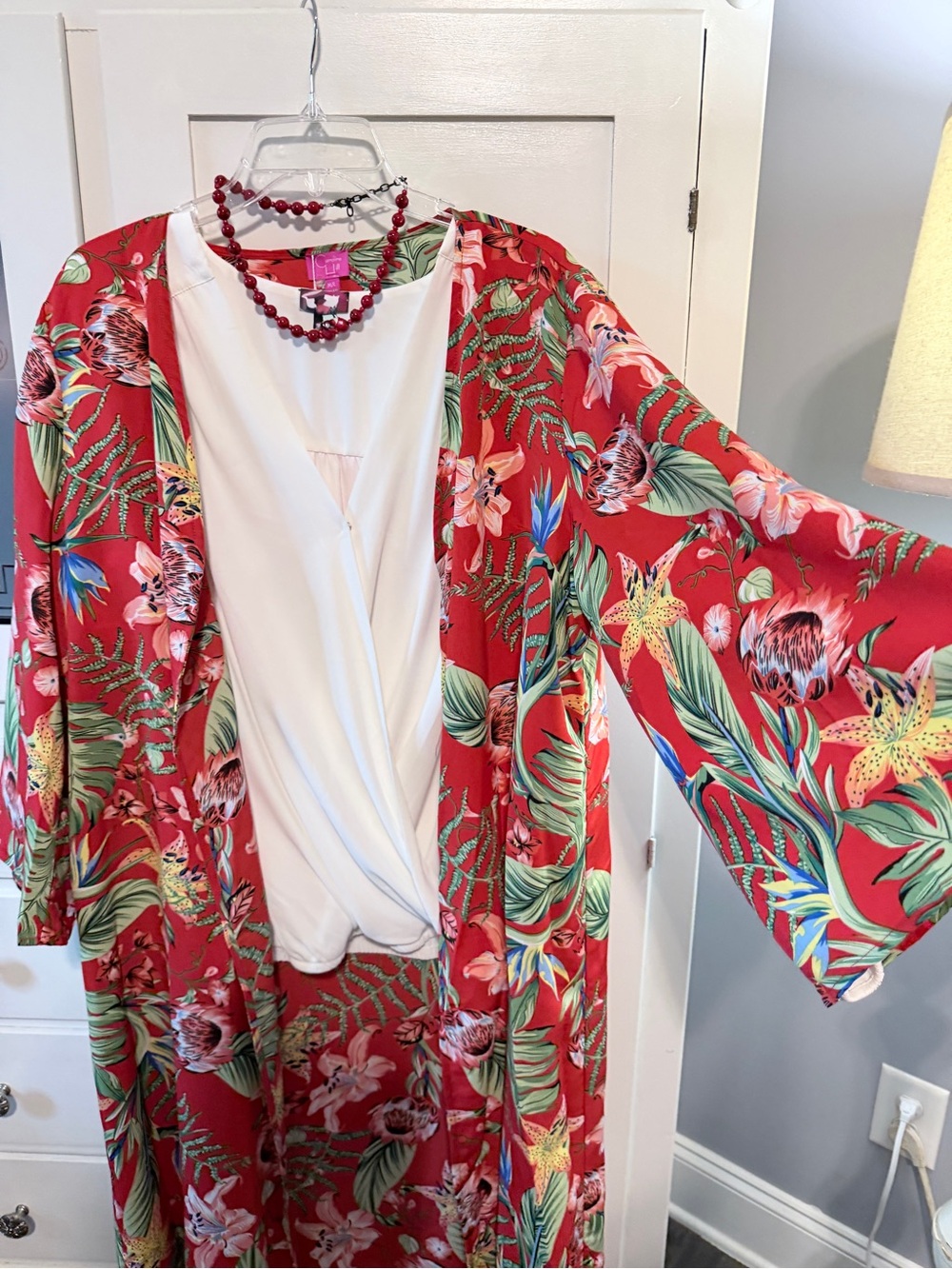 Red Tropical Floral Kimono Robe with Green Leaf Print